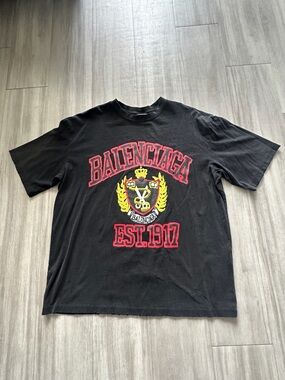 Balenciaga Black Graphic Crest Tee - Red & Yellow Logo (LARGE)